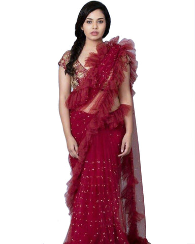 Magenta Colour With Ruffle Net Saree