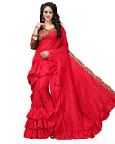 Red Colour With Ruffle Tafetta Silk Saree