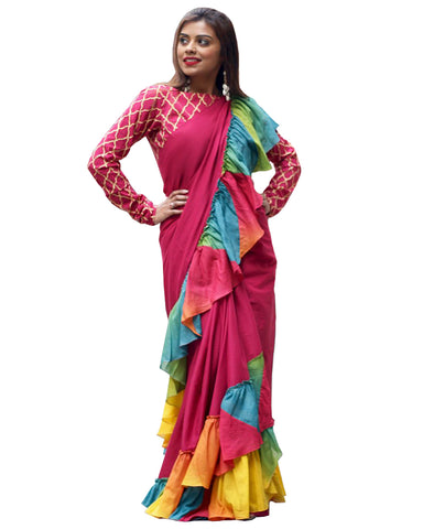 Pink Multi Colour With Crepe Ruffle Saree