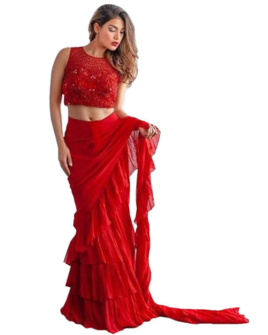 Red Colour With Ruffle Flux Geogrette Saree