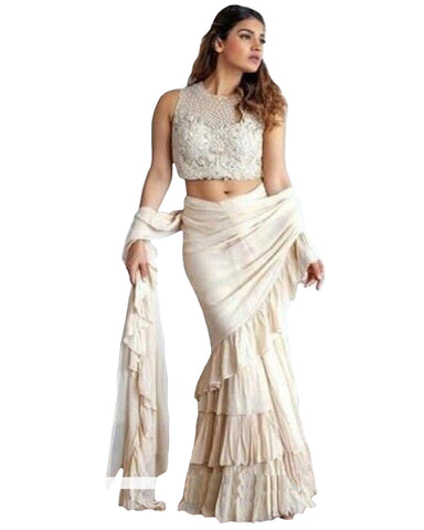 Cream Colour With Ruffle Flux Geogrette Saree