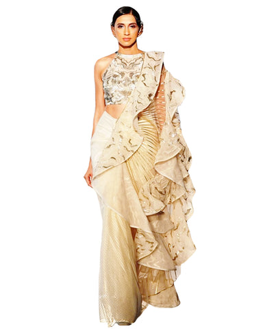 Beige Colour With Ruffle Flux Geogrette Saree