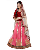 Peach And Maroon Colored Embroidered Work Party Wear Lehenga