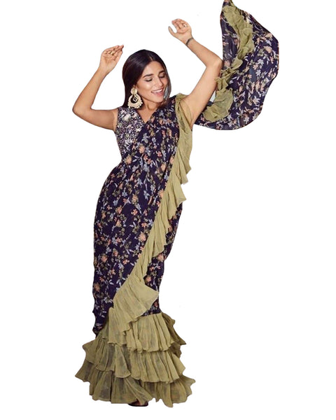 Blue Colour With Ruffle Printed Georgette Saree