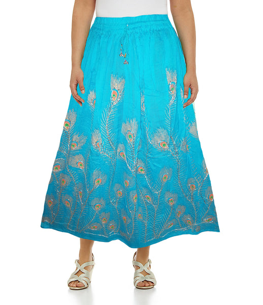 Light Blue Color Peacock Feather Cotton Skirt