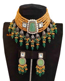 Party Wear Kundan Silver Tone Yellow And Green Pearl Beaded Necklace with Earrings