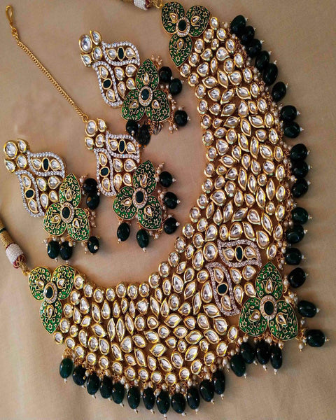 Designer Party Wear Golden And Green Meena Jarkan Work Necklace with Earrings