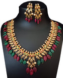 Party Wear Kundan Red And Green Pearl Beaded Necklace with Earrings