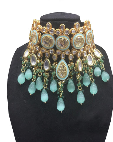 Party Wear Kundan Silver Tone Sky Pearl Beaded Necklace with Earrings