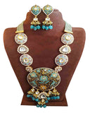 Party Wear Kundan Silver Tone Sky Meena Pearl Beaded Necklace with Earrings