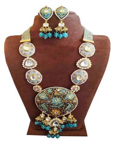 Party Wear Kundan Silver Tone Sky Meena Pearl Beaded Necklace with Earrings
