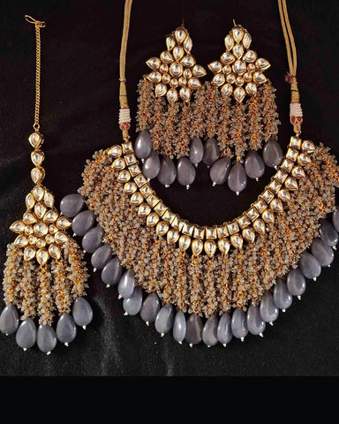 Designer White and Grey Kundan Earrings