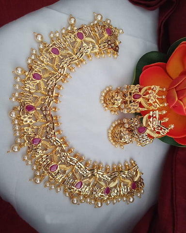 Party Wear Red And White Stone  Necklace with Earrings