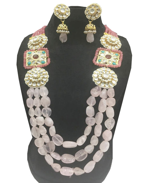 Party Wear Kundan Silver Tone Pink  Pearl Beaded Necklace with Earrings