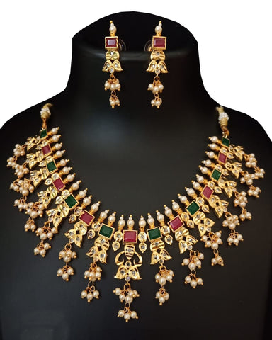 Party Wear Red , Green And White Stone  Necklace with Earrings