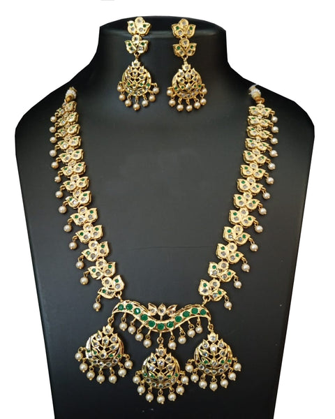 Party Wear Green And White Stone  Necklace with Earrings