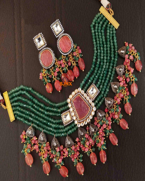 Party Wear Kundan Silver Tone Peach And Green Pearl Beaded Necklace with Earrings