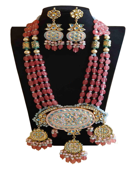 Party Wear Kundan Silver Tone Pink And Sky Pearl Beaded Necklace with Earrings