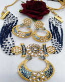 Party Wear Kundan Silver Tone Navy  Blue  And Gold  Meena Necklace with Earrings