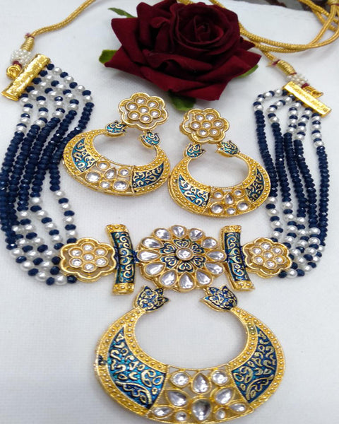Party Wear Kundan Silver Tone Navy  Blue  And Gold  Meena Necklace with Earrings