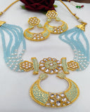Party Wear Kundan Silver Tone Sky Blue  And Gold  Meena Necklace with Earrings