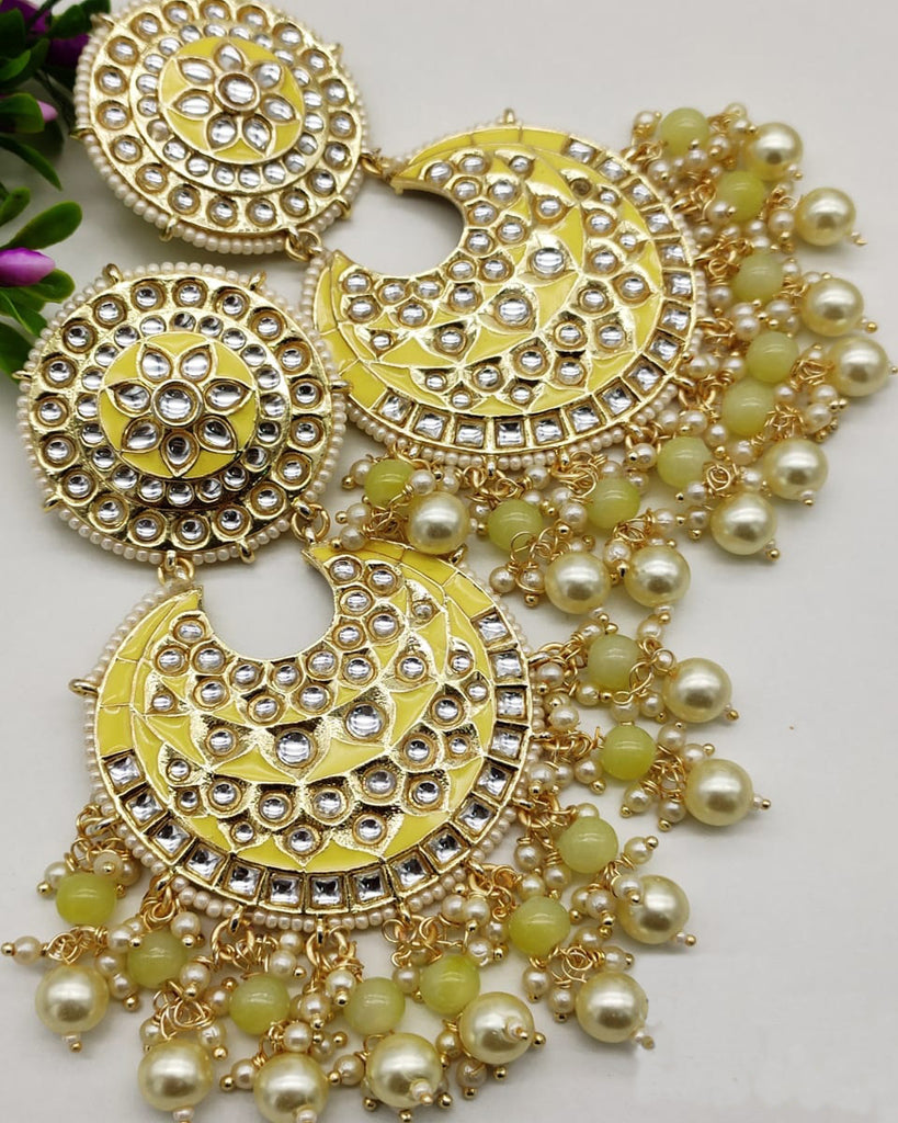Party White Jadau Kundan And Yellow Meena Earrings – Sulbha Fashions