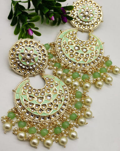 Party White Jadau Kundan And Pista Meena Earrings