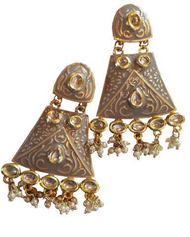 Party Whtie Jadau Kundan And Grey Meena Earrings
