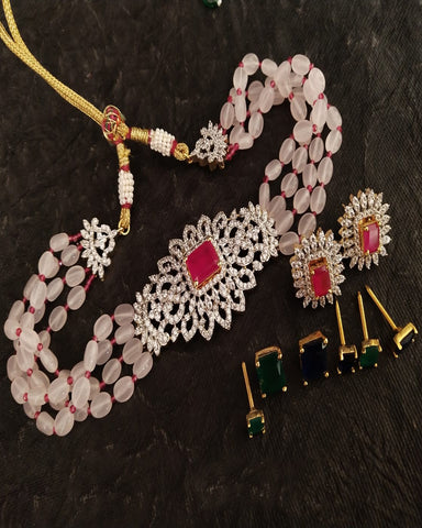 Party Wear Kundan Gold Tone Sky Pearl Beaded Necklace with Earrings