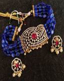 Party Wear Kundan Silver Tone Blue Pearl Beaded Necklace with Earrings
