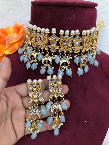 Party Wear Sky Jadau Kundan Necklace with Earrings