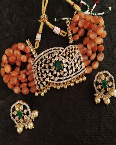 Party Wear Kundan Silver Tone Sea Green Pearl Beaded Necklace with Earrings