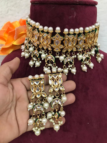 Party Wear Cream Jadau Kundan Necklace with Earrings