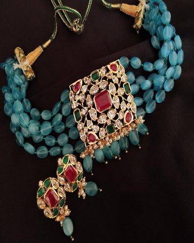 Party Wear Kundan Silver Tone Orange Pearl Beaded Necklace with Earrings