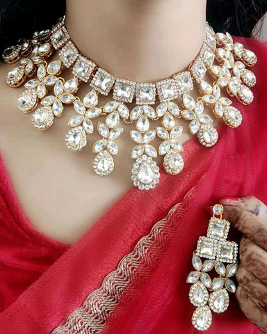 Party Wear Kundan Multi Tone Blue Pearl Beaded Necklace with Earrings
