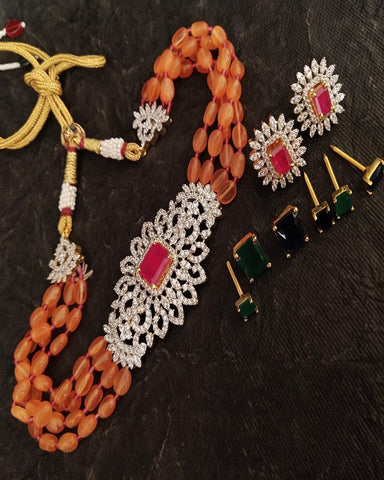 Party Wear Kundan Silver Tone Pink Pearl Beaded Necklace with Earrings