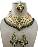 Party Wear Kundan Silver ,Green Pearl Beaded Necklace with Earrings