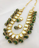 Party Wear Kundan Silver ,Green Pearl Beaded Long Necklace with Earrings