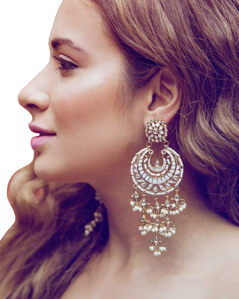 Gold tone round bluewhite stone Kerala style earrings dj37488  dreamjwell