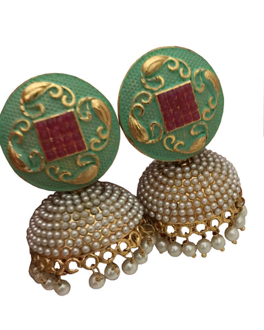 Green Color Gold Plated Party Wear Pearls Earring