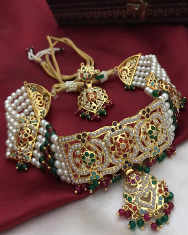 Golden and White Pearl  Multi Color Stones Pearl Beaded Necklace