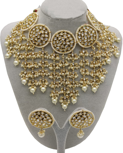 Designer Kundan Gold Pearl Beaded Necklace with Earrings