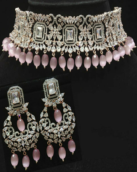 Pink Pearl White Kundan Silver Tone Pearl Beaded Necklace with Earrings