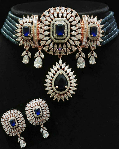 Blue Pearl and Blue Stone White Kundan Silver Tone Pearl Beaded Necklace with Earrings