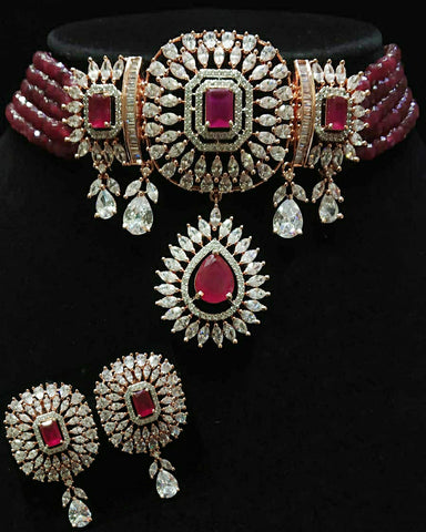 Red Pearl and Red Stone White Kundan Silver Tone Pearl Beaded Necklace with Earrings