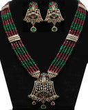 Party Wear Green Red Kundan Silver Tone Pearl Beaded Necklace with Earrings