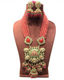 Party Wear Kundan Silver Tone red Pearl Beaded Necklace with Earrings