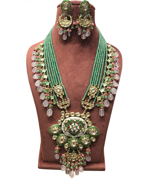 Party Wear Kundan Silver Tone Greed Pearl Beaded Necklace with Earrings