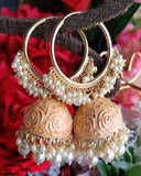Designer Party Wear Pink White Pearls Gold Plated Earrings