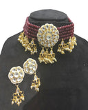 Red Pearl and White Kundan Silver Tone Pearl Beaded Necklace with Earrings
